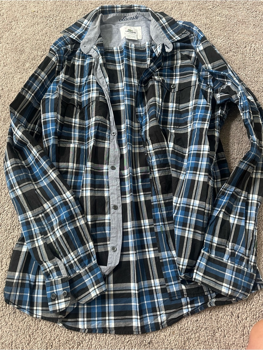 Lacoste Men’s Blue and Black Plaid Button-Down Shirt